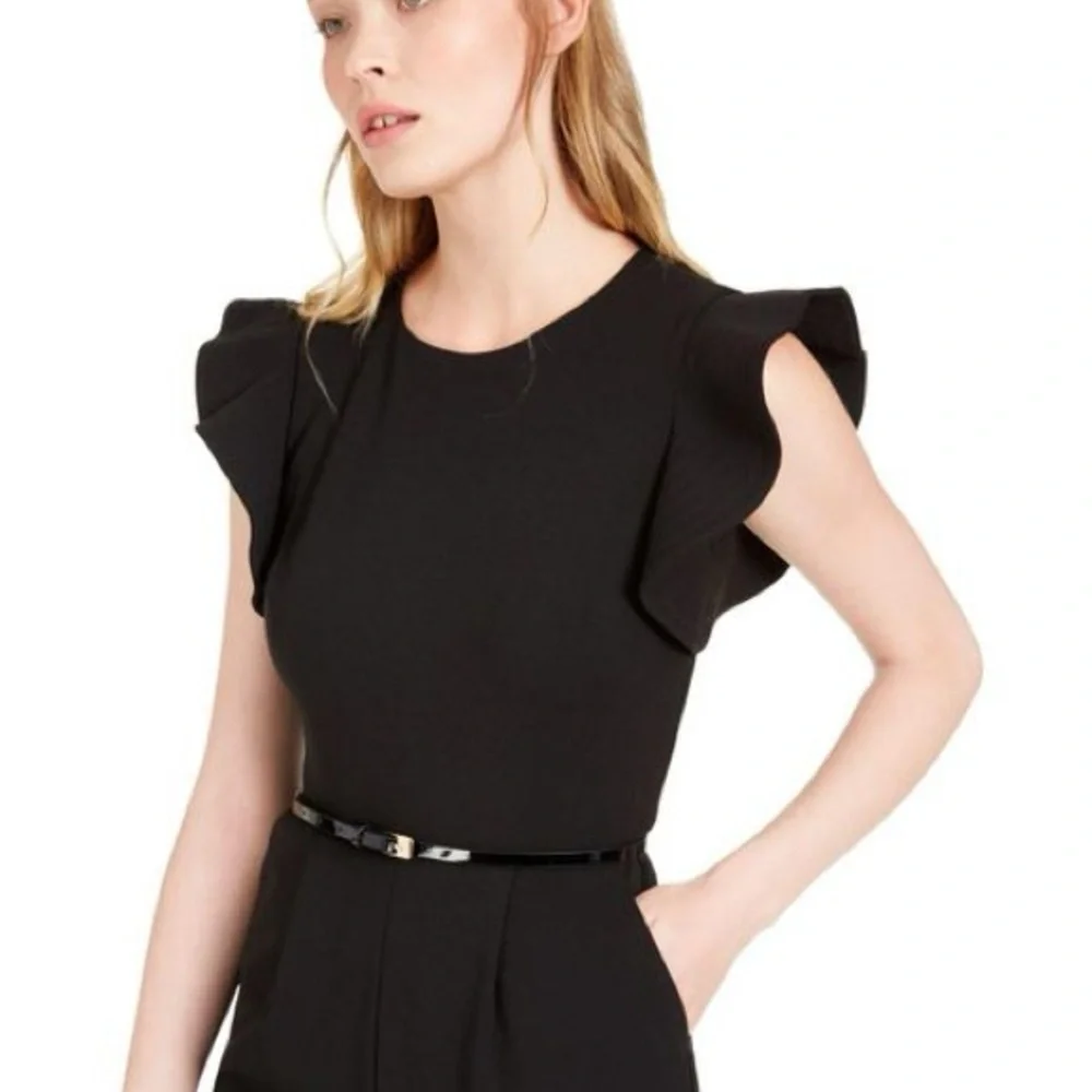 Calvin Klein Black Jumpsuit with Flutter Sleeves and Belt - Picture 4 of 6